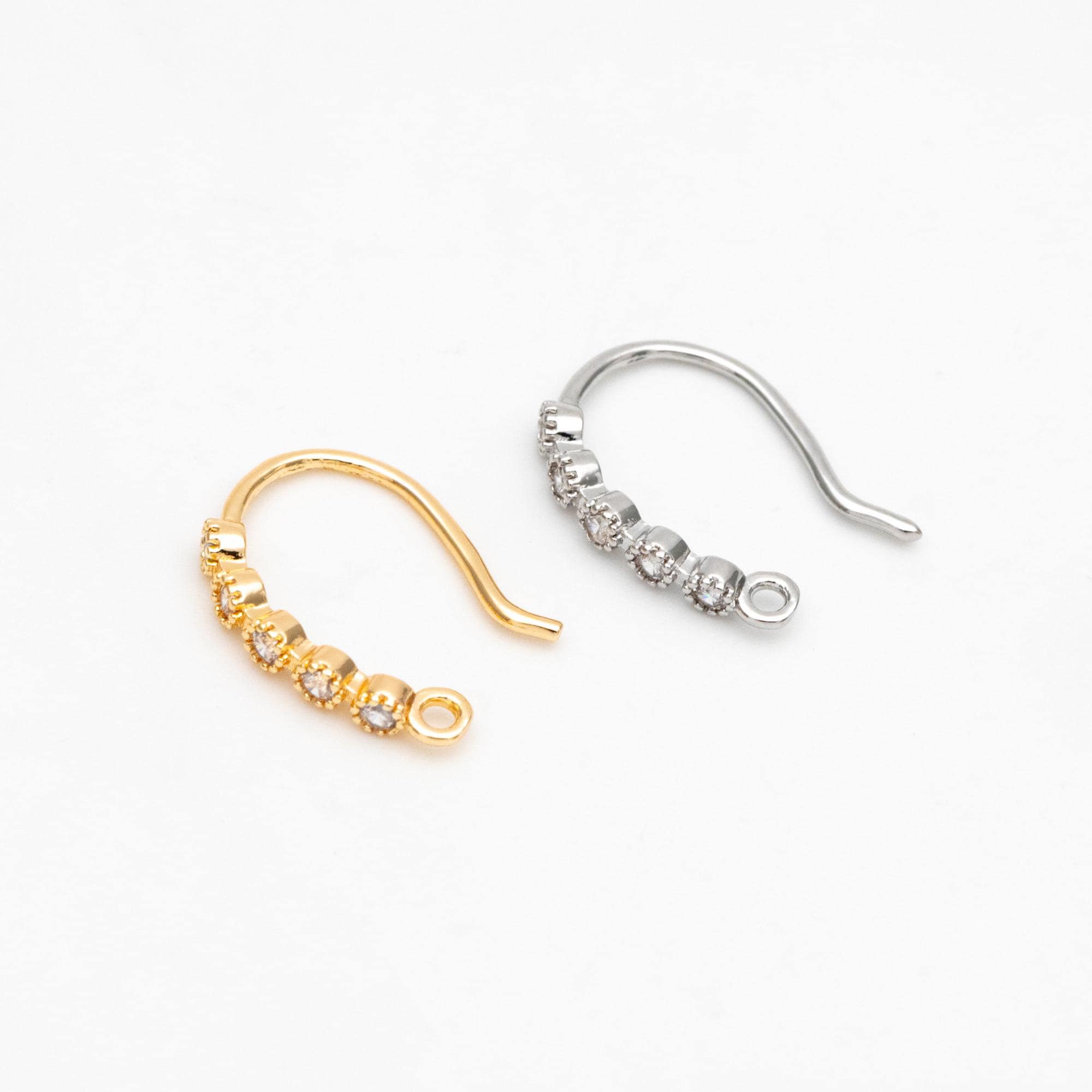 10pcs CZ Pave Gold/ Silver Earring Hooks 16x10mm, Real Gold/ Rhodium Plated Brass Earwires, Color Not Easily Tarnish (GB-317)